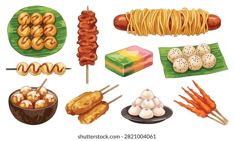 Pixel art collection of various asian street food snacks and appetizers on isolated background
