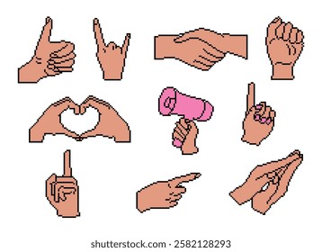 Pixel art collection with various hand gestures and signs including thumbs up, handshake, fist, heart, and pointing gestures. Vector retro set of drawing isolated on white background