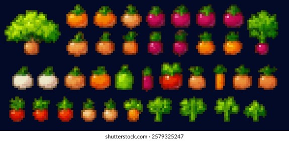 A pixel art collection of various vegetables including broccoli, carrots, tomatoes, and radishes, arranged in rows with vibrant colors.