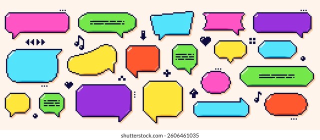 Pixel art color dialogue boxes. Speech bubbles drawn in 8 bit Y2k style with some tiny dark elements.