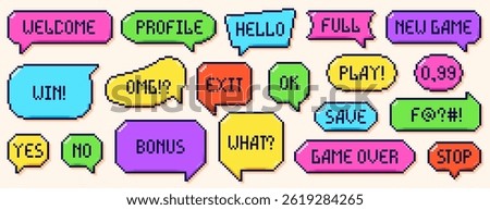 Pixel art color dialogue boxes with different text. Speech bubbles drawn in 8 bit Y2k style. Welcome, profile, hello, play, save texts.