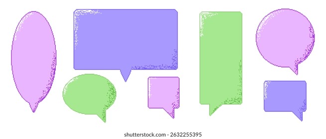 Pixel art color speech bubbles. 8 bit text boxes set. Rectangle and round chat frames with dithering. Dialogue borders icons in retro 90s style. Digital callouts borders. Vector illustration.