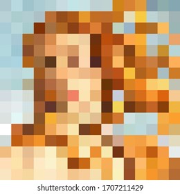 pixel art colorful abstract background. Interpretation of Venus, famous painting by Sandro Botticelli. Modern vector Illustration The Birth of Venus or Spring, portrait of renaissance woman