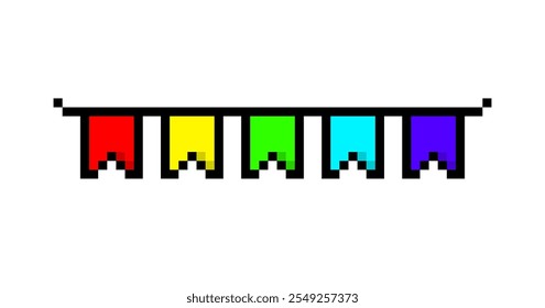 Pixel art colorful brazilian festa junina decoration flags and banners vector icon for 8bit game on white background