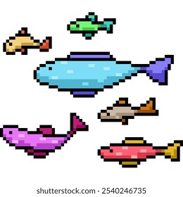 pixel art of colorful fish group isolated background