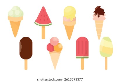 Pixel art colorful ice cream set. Vector ice cream, various flavors, isolated on white background. Pixelated game design for stickers, mobile app. Retro pixel art.