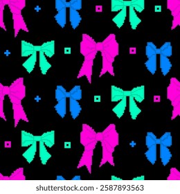 Pixel Art Colorful Neon Ribbon Bow Seamless Pattern on Black Background. Trendy playful patterned pixelated backdrop Y2k. Mood of 90's aesthetics. Vector illustration in retro 8-bit style