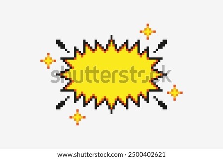 Pixel art comic boom with spatter stars, explosion clip art, vector illustration on isolated background.