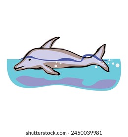 Pixel art of a common dolphin swimming in electric blue water