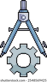 Pixel art compass and gear icon in 8 bit style on white background