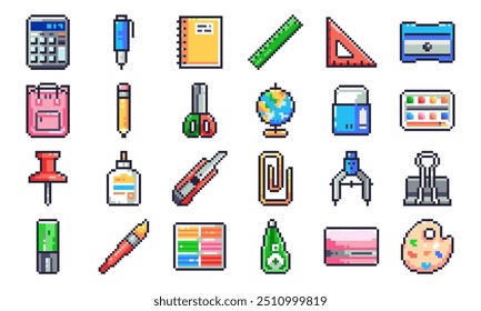 Pixel Art Escola completa e material de escritório conjunto. Adesivos de 8 bits de papelaria Pixelada - Calculadora, Lápis, Notebook, Régua, Afiador, Borracha, Tesoura, Garrafa de cola, Globo, Faca de Utilidade, Etc.