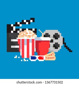 Pixel art composition with popcorn, soda, clapper board, 3d glasses, tickets and filmstrip. Movie time pixel art vector.