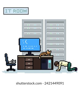 pixel art of computer blue screen becurse of cat