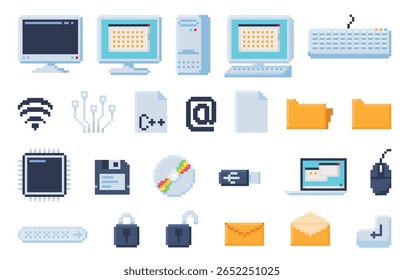 Pixel art computer icons. Tech devices, pixelated computer keyboard and screen, digital file, retro disk, security lock, email, safe and folder symbols. Office equipment 8 bit vector set.