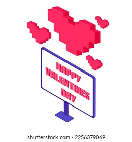 Pixel art computer and love message. Online love communication using laptop, digital device. Valentines day email. Sending love text using digital internet technologies. Sympathy and feelings
