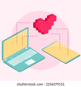 Pixel art computer and love message. Online love communication using laptop, digital device. Valentines day email. Sending love text using digital internet technologies. Sympathy and feelings