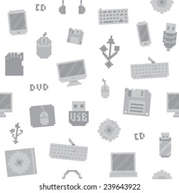 Pixel art computer objects seamless vector pattern (white)