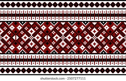 Pixel Art Konzept, ein detailliertes Muster bestehend aus Pixel-Designs mit schwarz-weißem Quadrat auf rotem Hintergrund , Design für Stoff Pixel Stil oder verschiedene Muster Druckereien.
