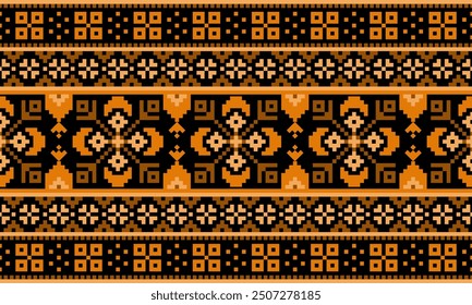 Concepto de arte de píxeles, un patrón detallado compuesto de diseños de píxeles con cuadrado naranja y marrón sobre fondo negro, diseño para el estilo de píxeles de tela o varios trabajos de impresión de patrones.