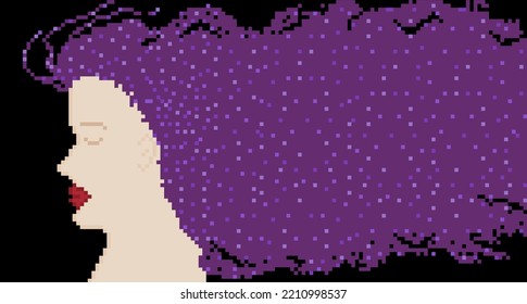 Pixel art of Conceptual cosmos face concept background element. Artificial intelligence. Woman head with purple flow from the head, meditation. concept of Virtual technology, science, digital.