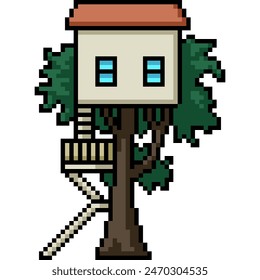 pixel art of concrete tree house isolated background