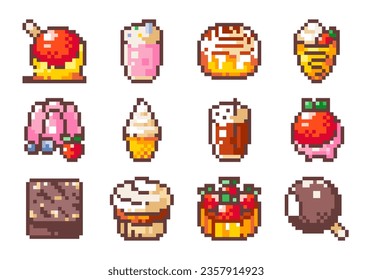 El Conjunto De Artículos De Confección De Pixel. Pegatinas de 8 bits con dulces de caramelo y postres pasteleros deliciosos - Manzana de caramelo, Rollo de canela, Pudding de gelatina, helado, pastelería de chocolate, tarta, palomitas.