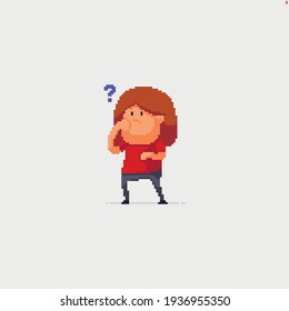 Pixel art confused character with a long hair on white background