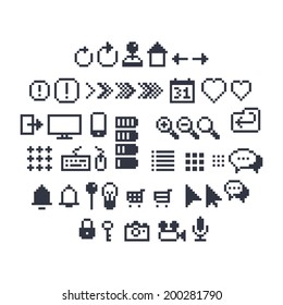 Pixel art contour, black and white 8-bit icons for website or mobile user interface