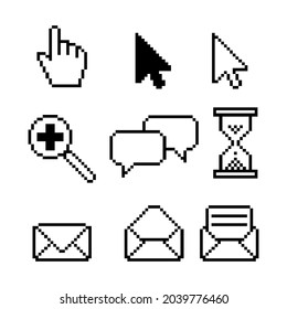 Pixel art contour, black and white 8-bit icons for website or mobile user interface