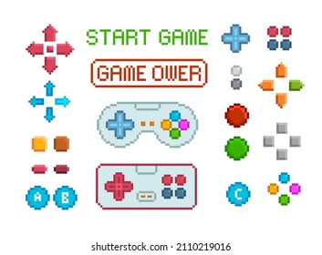 Pixel Art controls and buttons for 8-bit retro video game design  - vector collection on white background. Console game  controllers and navigation 