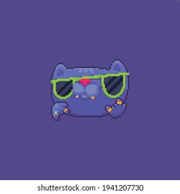 Pixel art cool badass cat with golden teeth and green sunglasses on violet background