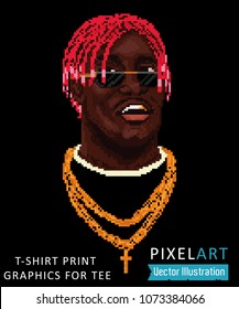 Pixel art - cool swag image, rnb rapper face, print for t-shirt, graphics for tee, illustration for clothes. Awesome pixalate rapper head with pink dreads. Vector illustration on black background