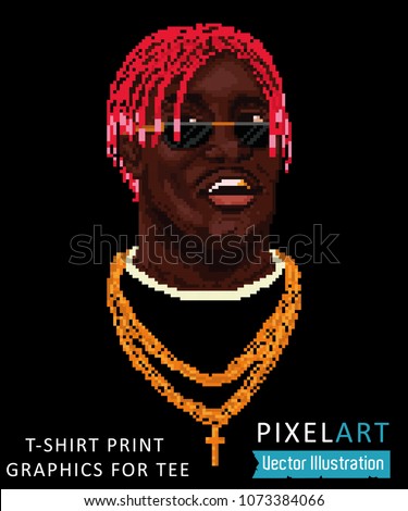 Pixel art - cool swag image, rnb rapper face, print for t-shirt, graphics for tee, illustration for clothes. Awesome pixalate rapper head with pink dreads. Vector illustration on black background