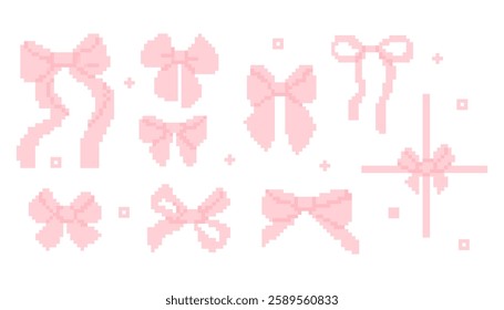 Pixel Art Coquette Pink Ribbon Bows in 8-bit style. Isolated girly vintage hair braiding accessory retro aesthetics. Vector illustration. Y2k trendy playful pixelated stickers. Mood of 90's aesthetics