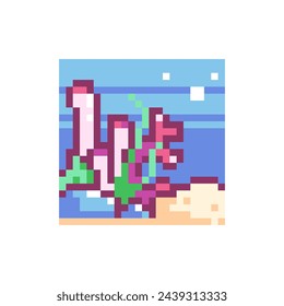 Pixel Art Corals and Seaweeds Icon. Vector Y2K 8Bit Sticker of Marine Reef. Cute Underwater Kelp Video Game Element for Diving Adventure Design.