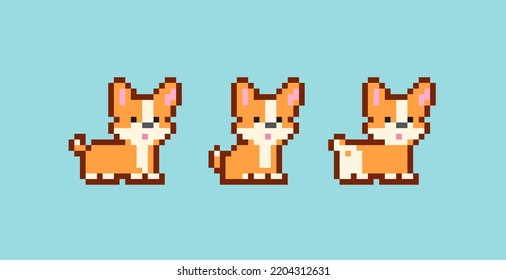 Pixel art Corgi puppy dog - editable vector. Corgi dog sit and stand. Cute pet in 8-bit retro computer game style. Pixel Pet for badge, sticker and print design