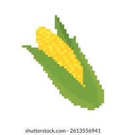 Pixel art corn cob, isolated on white background. Pixelated game design. Sweet Corn, retro pixel art vegetable.