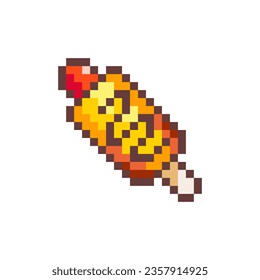 Pixel Art Corn Dog. Retro 8 bit Style Street Fast Food Classic Corn Dog Illustration. Ideal for Sticker, Retro Decorative Element, Game Asset, Emoji, Patch or Cute Geek Avatar.	