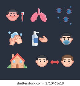 Pixel art coronavirus precautions and symptoms