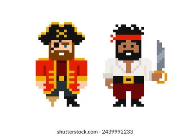 Pixel Art Corsair Pirates Captain suit and sailor with saber or sword in red bandana - cartoon retro 8 bit game style vector graphics set