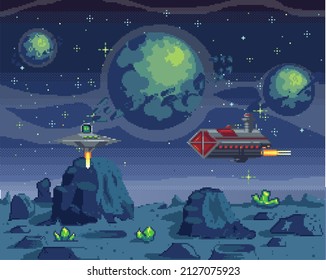 Pixel art cosmic area, game location. Game with celestial characters on aircrafts. Main heroes fly on spaceships during war in space. Pixel program about space interface. Pixelated design vector