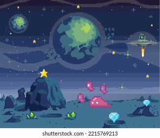 Pixel art cosmic area, game location. Scene with fantastic planets in outer space. Futuristic spaceships during war in space. Pixel retro program about space interface. Pixelated design vector