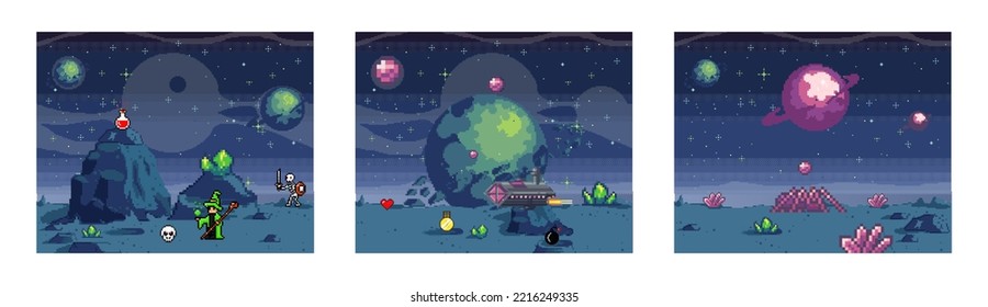 Pixel Art Cosmic Area, Game Location. Scene With Fantastic Planets In Outer Space. Futuristic Spaceships During War In Space. Pixel Retro Program About Space Interface. Pixelated Videogame Design