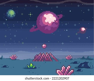 Pixel art cosmic area, game location. Scene with fantastic planets in outer space. Futuristic spaceships during war in space. Pixel retro program about space interface. Pixelated design vector