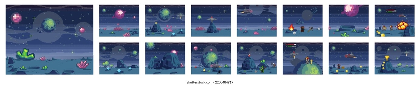 Pixel art cosmic area, game location. Scene with fantastic planets in outer space. Futuristic spaceships during war in space. Pixel retro program about space interface. Pixelated videogame design