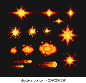 Pixel art cosmic Explosion vector set with flashes and sparks isolated on white. Game comic boom icon set. 8-bit burst animation for retro video game design