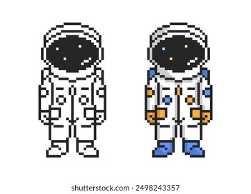 Pixel art cosmonaut. Cute astronaut in retro style. Vector illustration