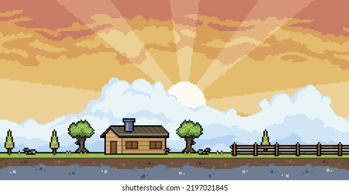 
Pixel art countryside house landscape with sunset and clouds background 8bit game background