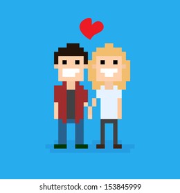 Pixel art couple in love staying together, vector illustration