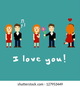 Pixel art couple on the date, vector illustration